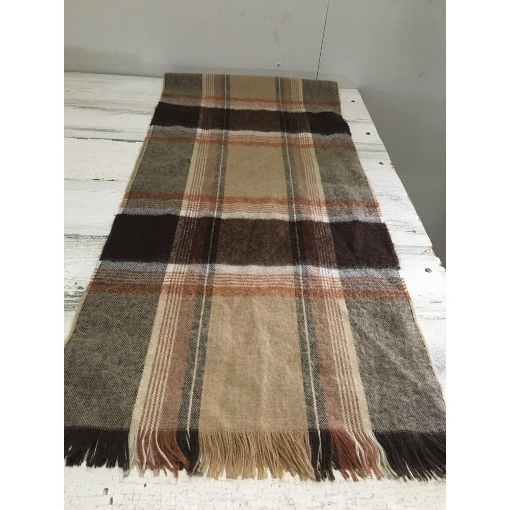 Brown tan cream plaid 11”x52” scarf with fringe